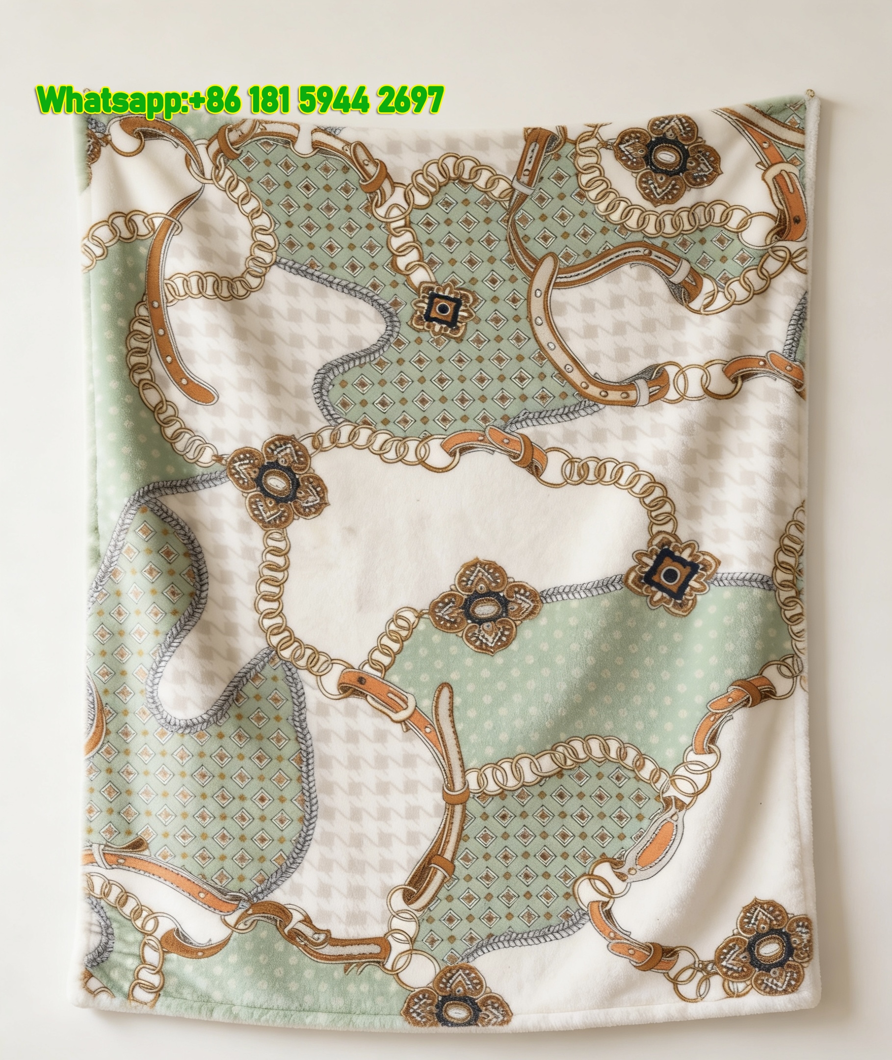 Hermes Mint Green Equestrian Belt & Chain Print Flannel Throw Blanket IMG_5251